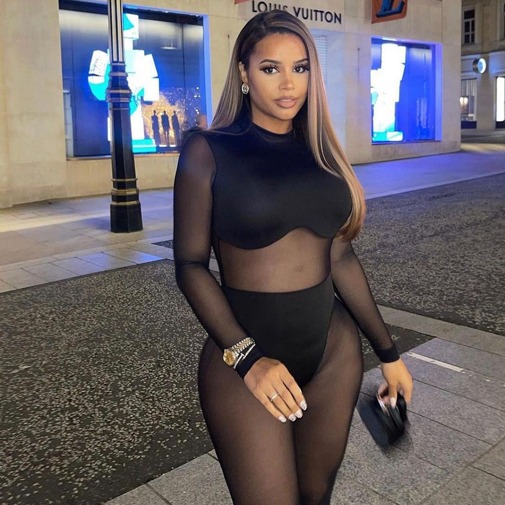 Women Mesh Stitching See-Through Jumpsuit – Black • Tight Fit • Long Trousers